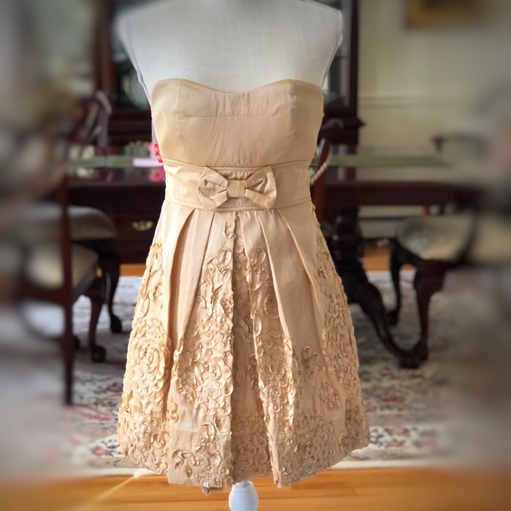 Ruby Rox Pleated Gold Strapless Dress, Size 3